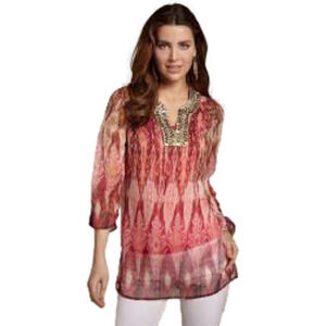 Chicos Size 1 US M Tropic Delight Kaikoura Embellished Tunic Top Boho Semi Sheer
